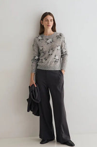 Yerse Grey Knitted Floral Jacquard Jumper