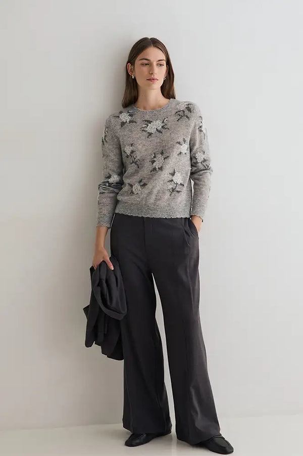 Yerse Grey Knitted Floral Jacquard Jumper