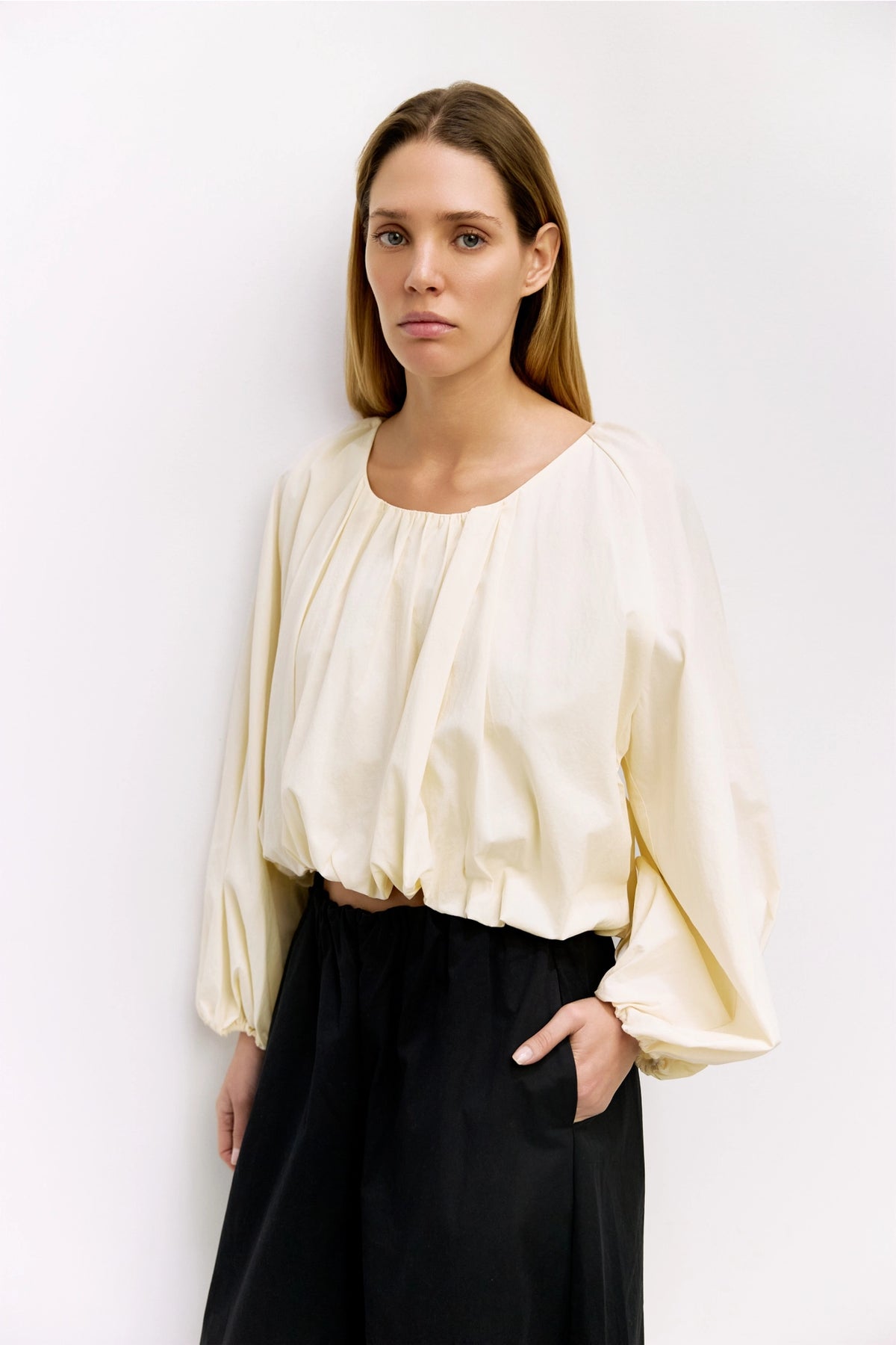 Mod Ref Jenna Cream Long Sleeve Bubble Top
