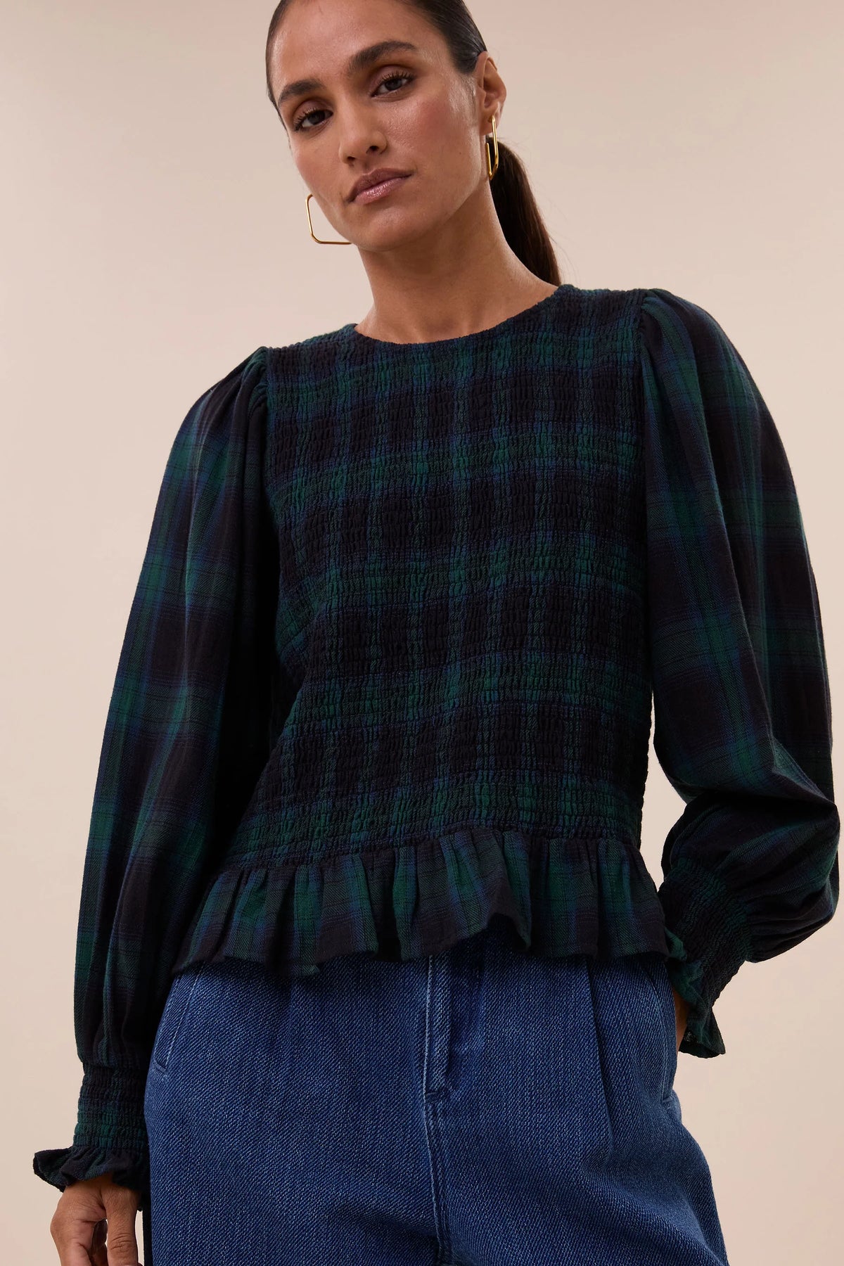 By-Bar Yena Green Tartan Check Blouse