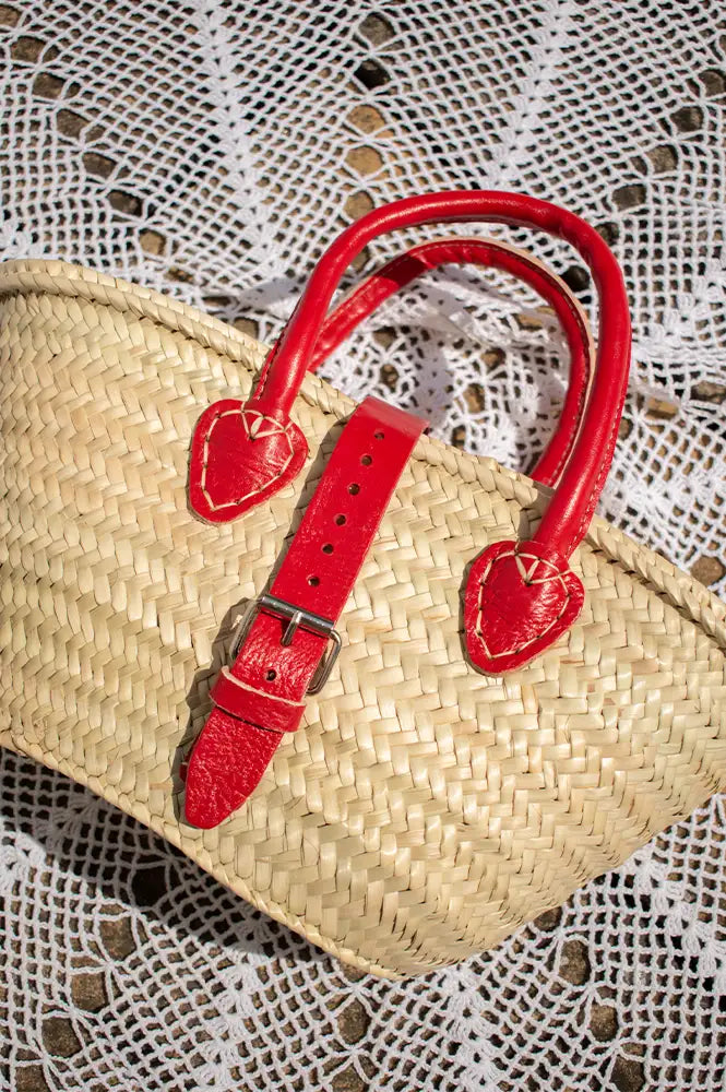 French Red Leather Detailed Small Market Basket Bag