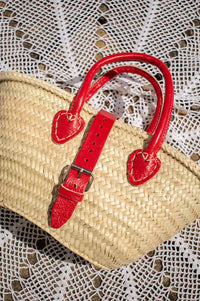 French Red Leather Detailed Small Market Basket Bag