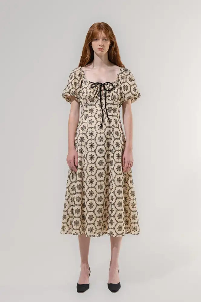 Emin + Paul Lace Shirred Beige Puff Sleeve Dress - The Mercantile London