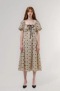 Emin + Paul Lace Shirred Beige Puff Sleeve Dress - The Mercantile London