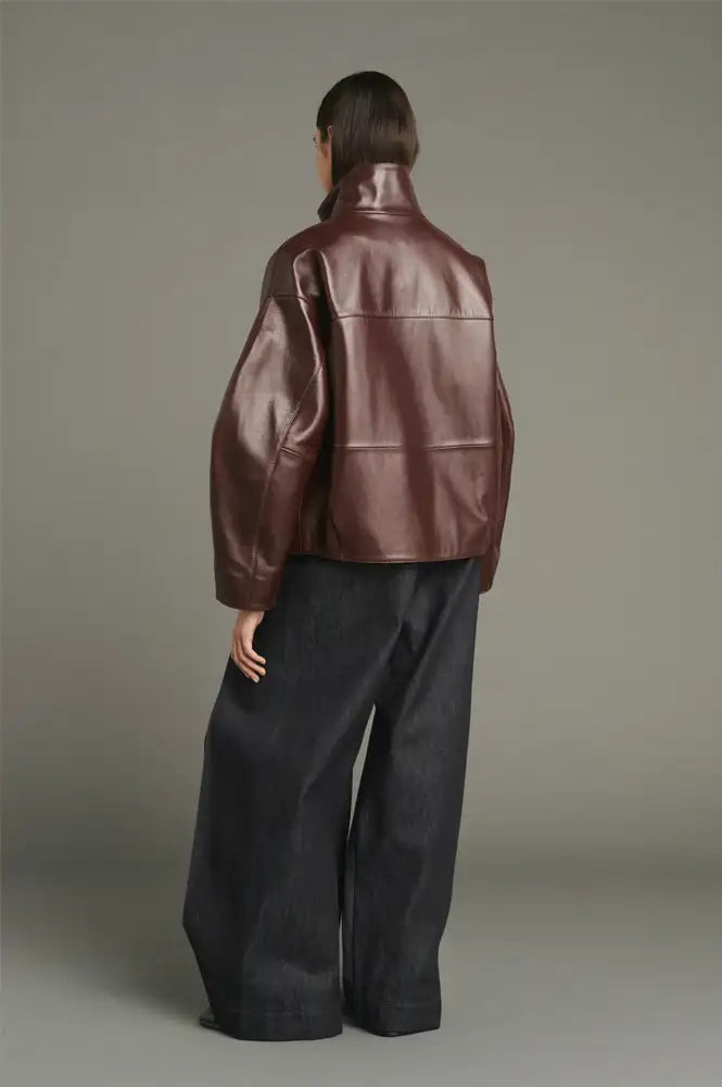 Soeur Gamma Burgundy Glazed Leather Raglan Jacket