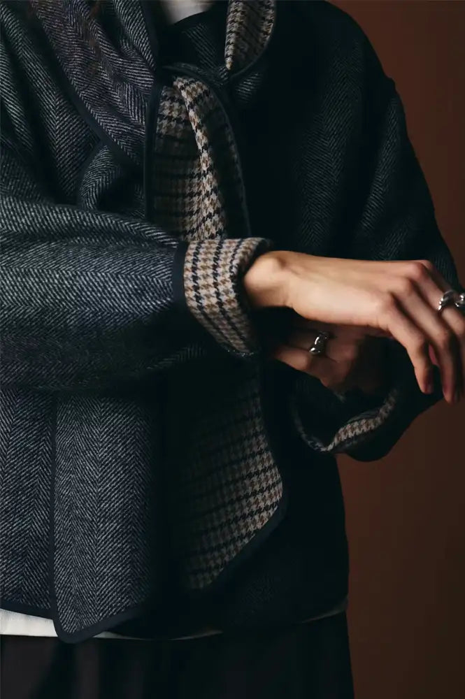 ICHI Frava Black Herringbone Scarf Detail Jacket