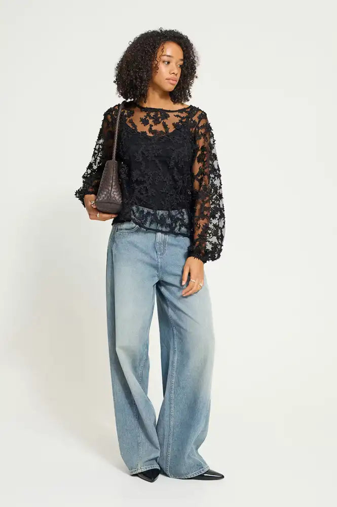ICHi Balki Black Sheer Floral Blouse