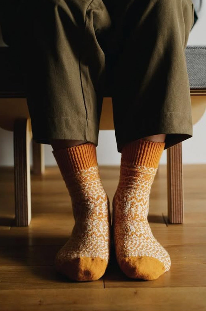 Nishiguchi Kutsushita Wool Jacquard Orange Socks - The Mercantile London