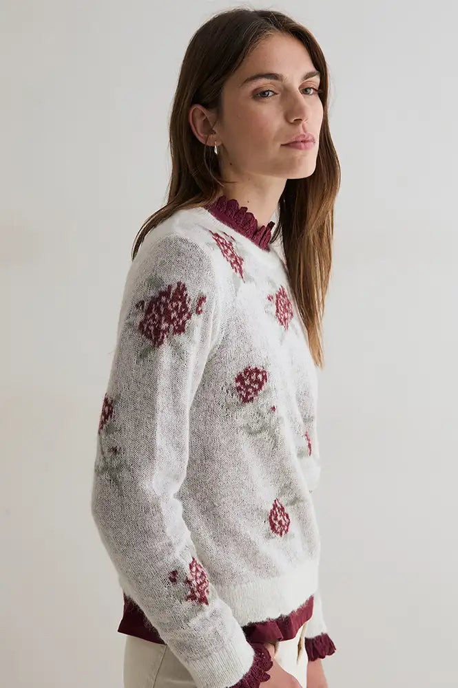 Yerse Cream Knitted Floral Jacquard Jumper