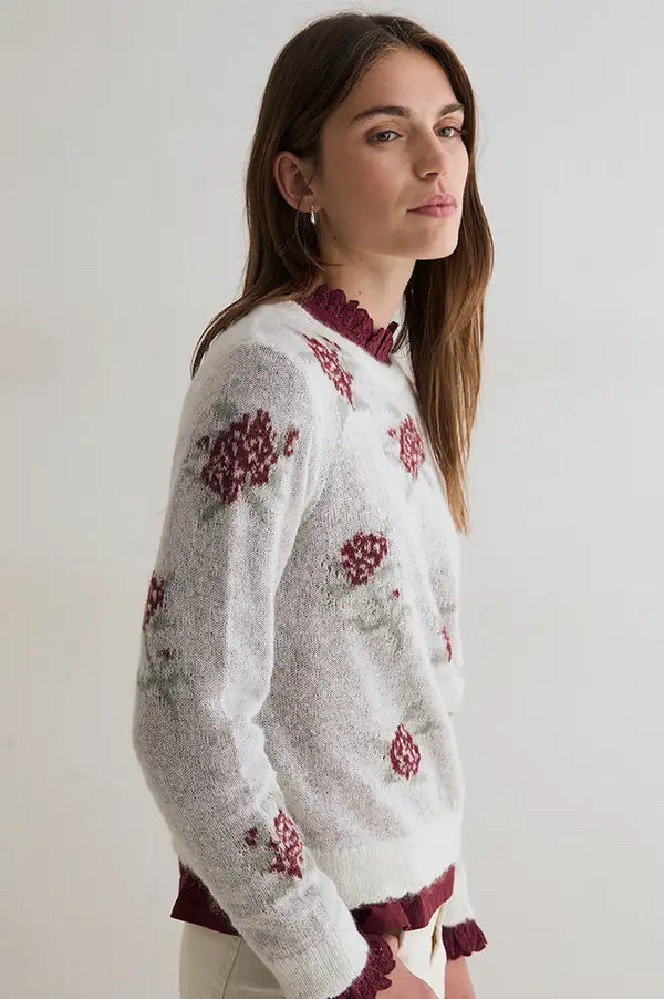 Yerse Cream Knitted Floral Jacquard Jumper