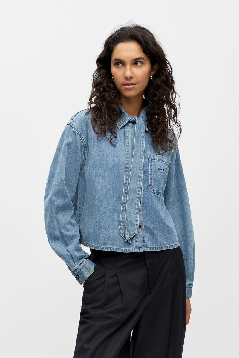 Object Vilma Short Denim Bow Shirt - The Mercantile London