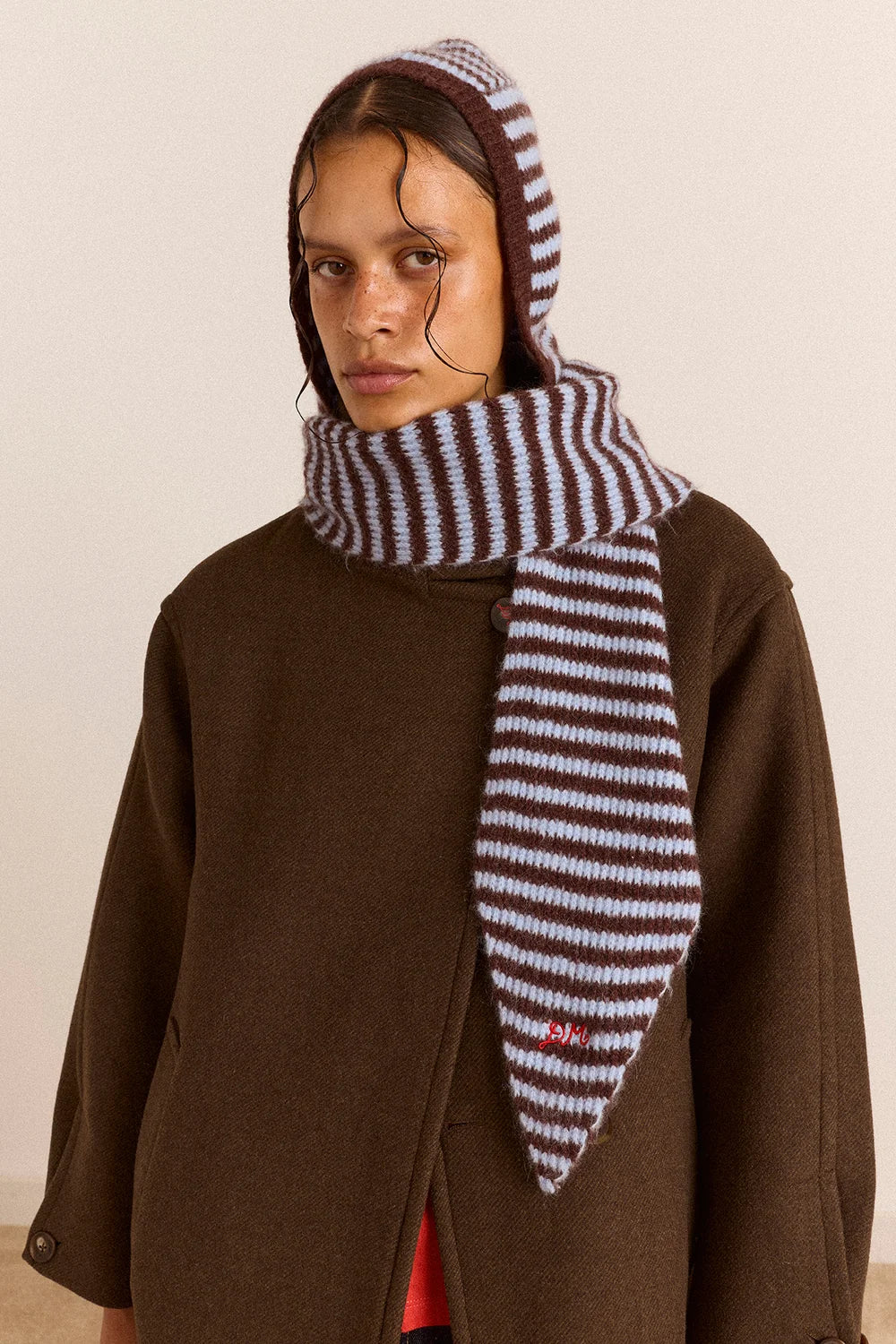 Damson Madder Blue & Choc Stripe Tie Front Hood