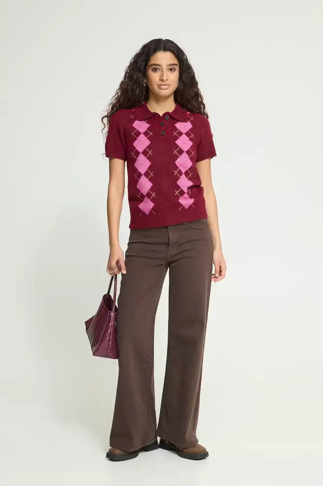 ICHI Dasila Berry Harlequin Polo Knitted Top