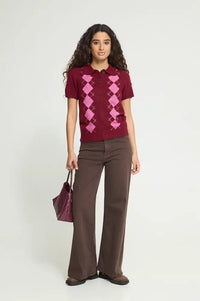 ICHI Dasila Berry Harlequin Polo Knitted Top
