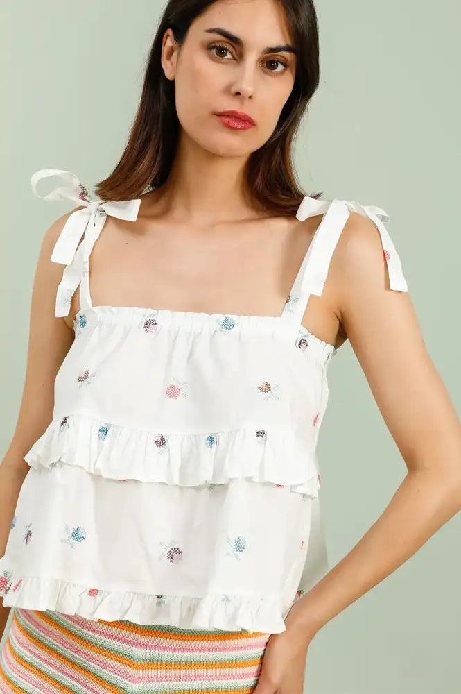 Daphne Elodie Ruffled Cross-Stitch Top