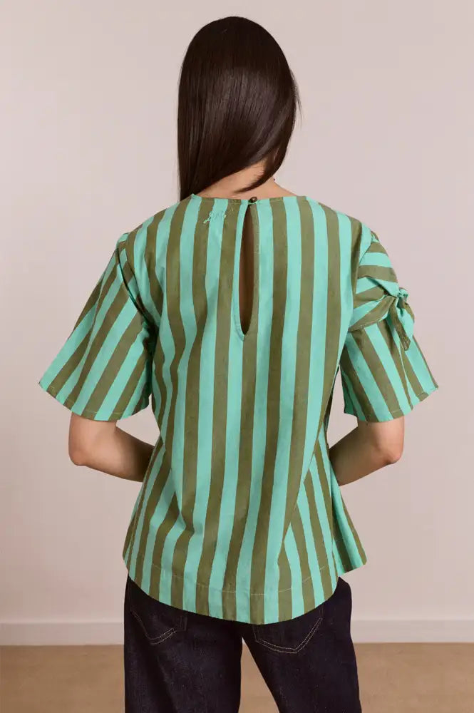 Damson Madder Estelle Aqua Olive Stripe Blouse - The Mercantile London