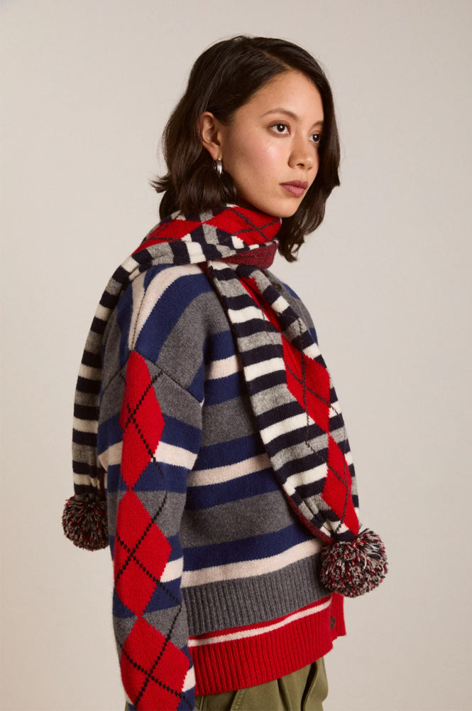 Damson Madder Argyle Stripe Pom Pom Scarf