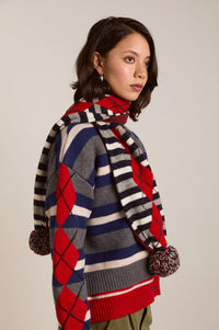 Damson Madder Argyle Stripe Pom Pom Scarf