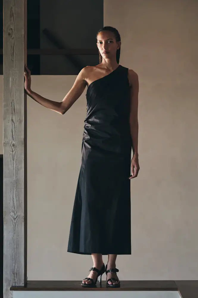 Rabens Saloner Aryana Black Papery One Shoulder Dress - The Mercantile London