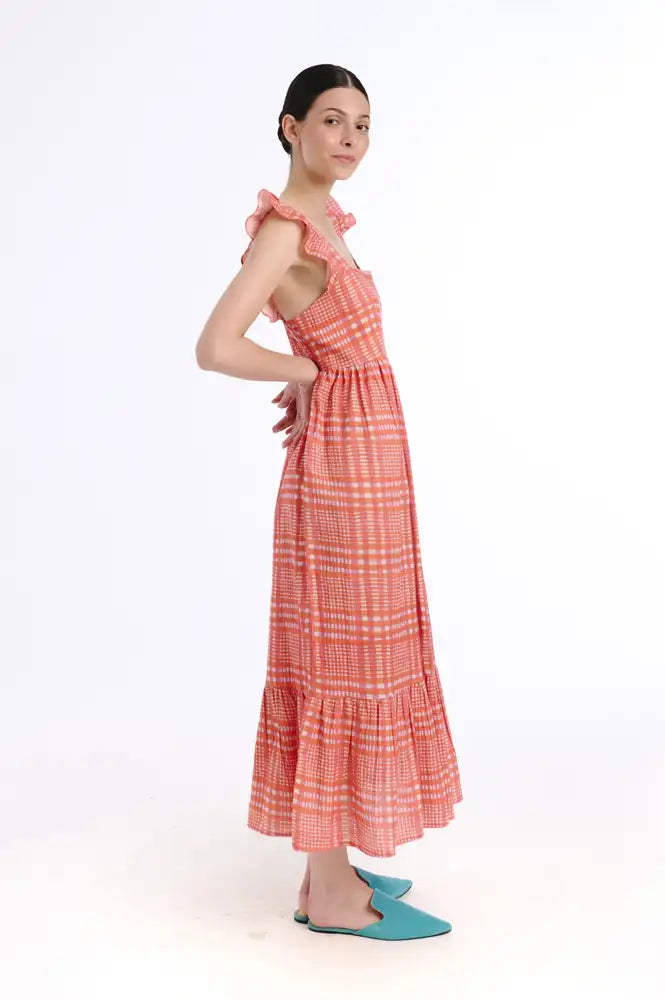 Tanavana Sia Orange Tartan Checked Dress - The Mercantile London