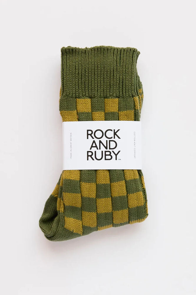 Rock + Ruby Edith Hunter Green Checked Cotton Socks