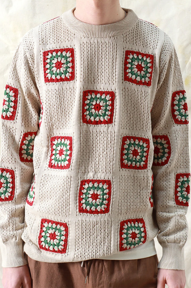 Far Afield Crochet Peyote Sand Floral Knit Jumper - The Mercantile London