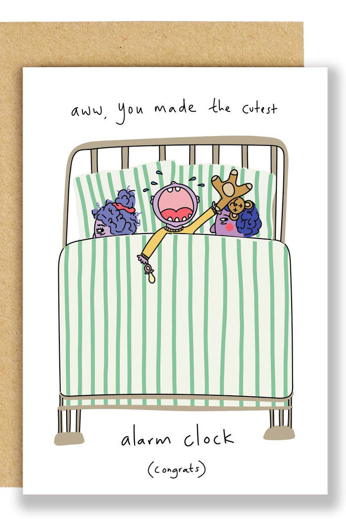Card with cartoon characters in bed and alarm clock, on a white background