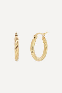 Gold hoop earrings on a light beige background