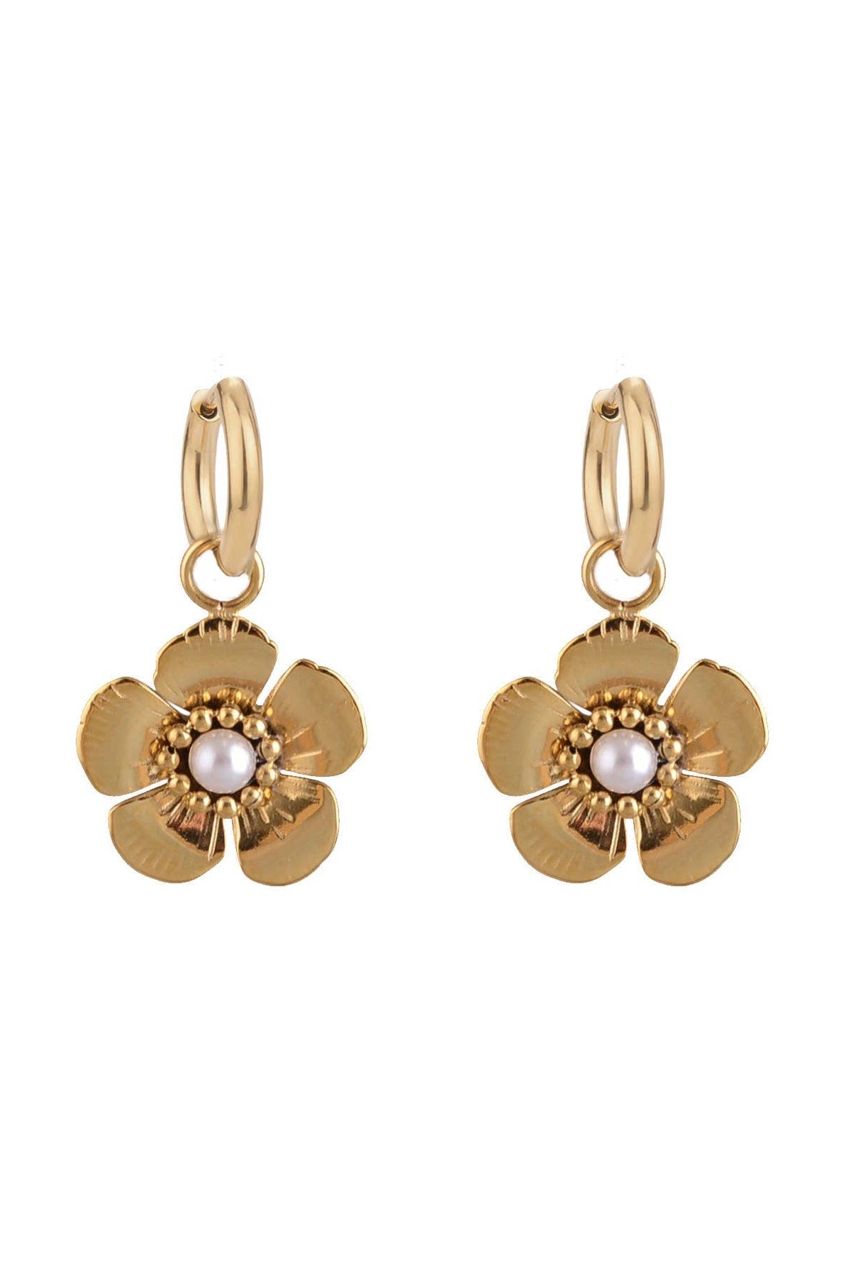 Gold flower-shaped earrings with pearl centers on a white background