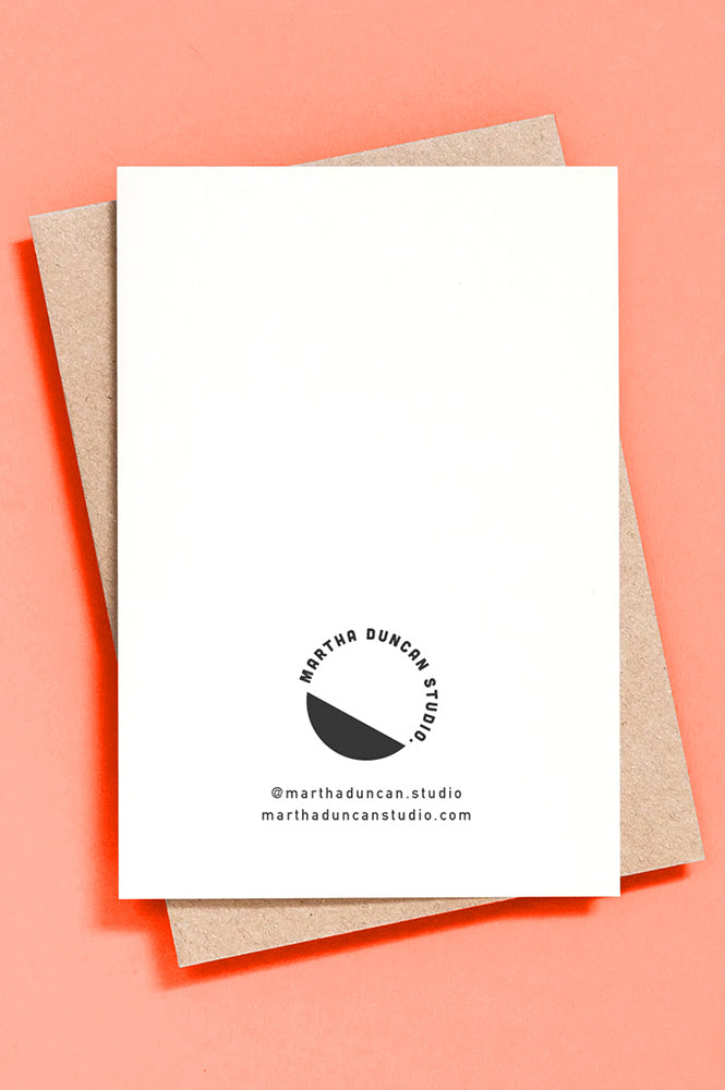 White card with Martha Duncan Studio black logo and text on a pink background