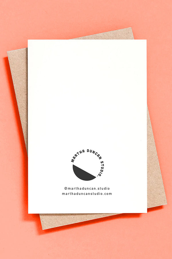 White card with Martha Duncan Studio black logo and text on a pink background
