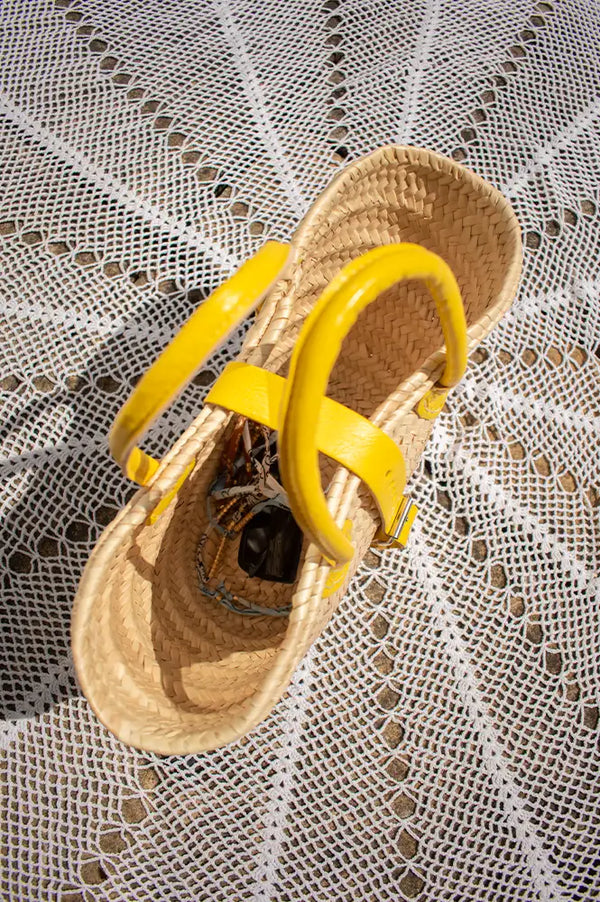 French Yellow Leather Detailed Small Market Basket Bag