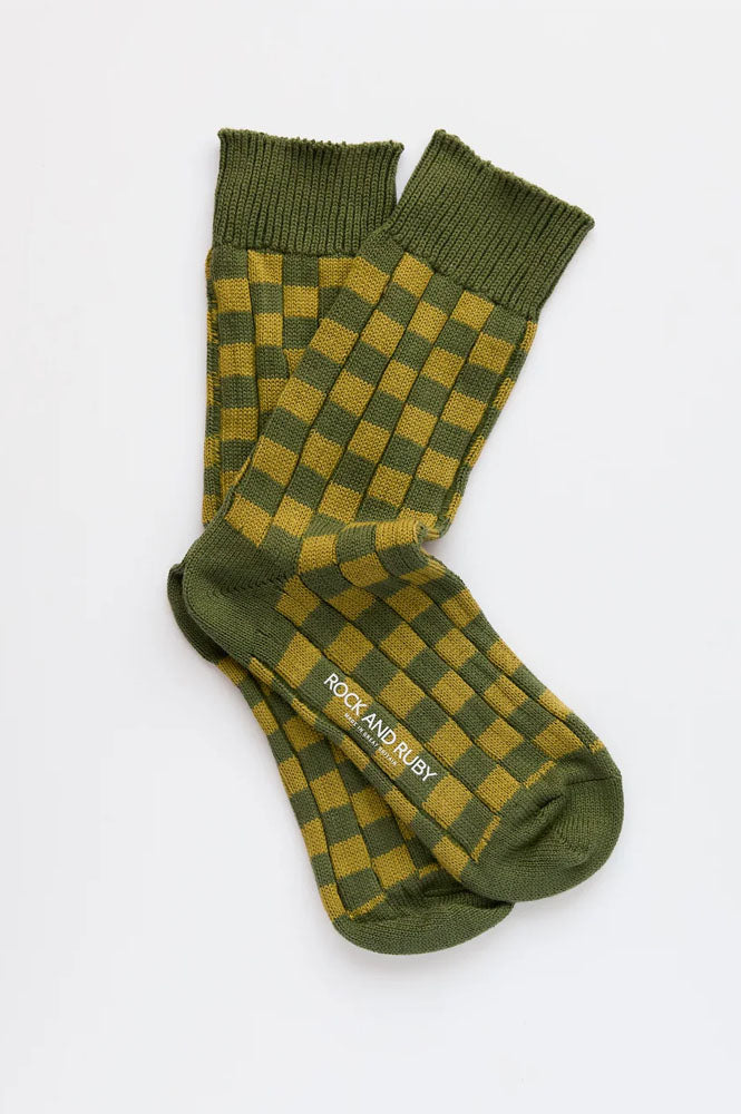 Rock + Ruby Edith Hunter Green Checked Cotton Socks