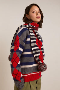 Damson Madder Argyle Stripe Pom Pom Scarf