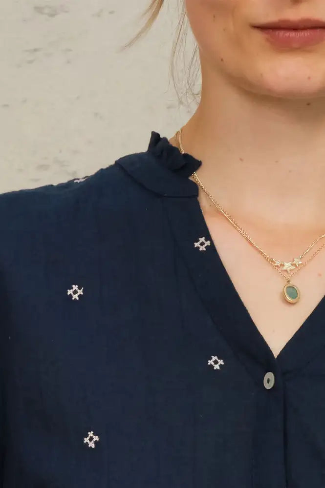 M.A.B.E Lucca Indigo Embroidered Blouse - The Mercantile London