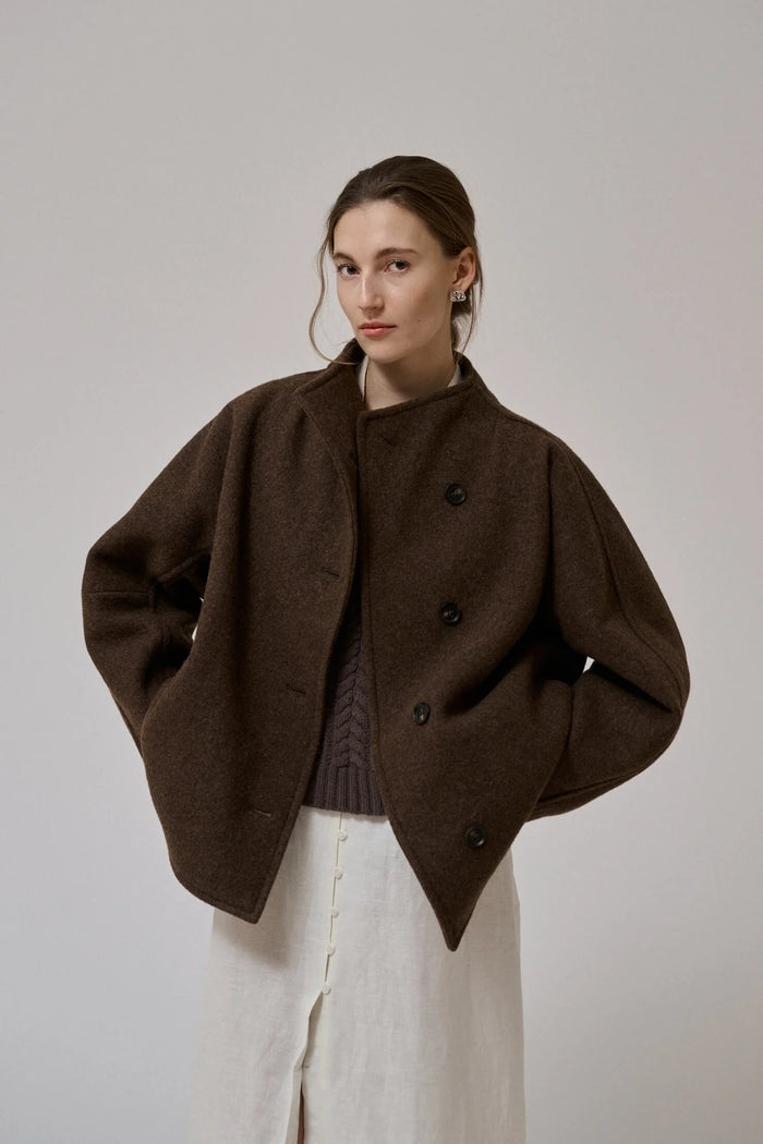 Anne Mi Thyme Brown Short Wool Coat