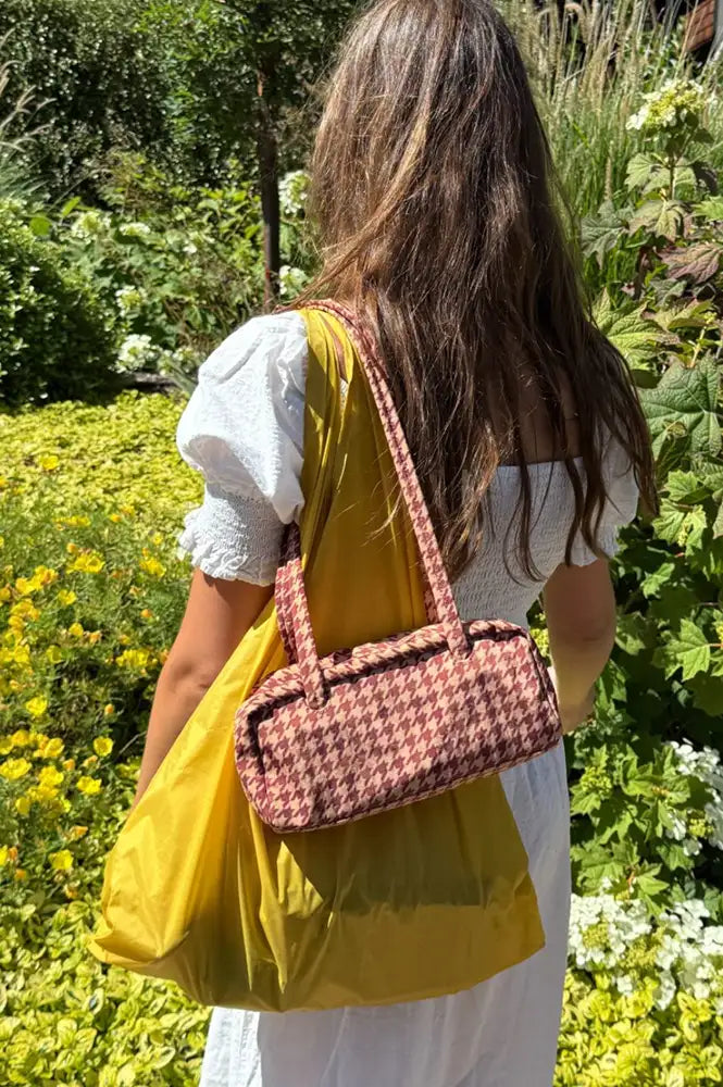 Baggu Tan Houndstooth Small Nylon Bowler Bag