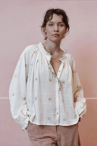 Emile Et Ida Elyana Vintage Floral Embroidered Ecru Blouse
