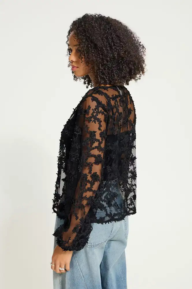 ICHi Balki Black Sheer Floral Blouse