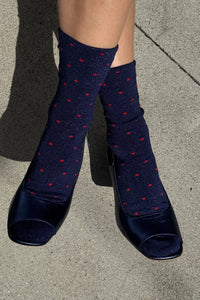 Le Bon Shoppe Lurex Patterned Ink Blue & Red Polka Dot Sneaker Socks