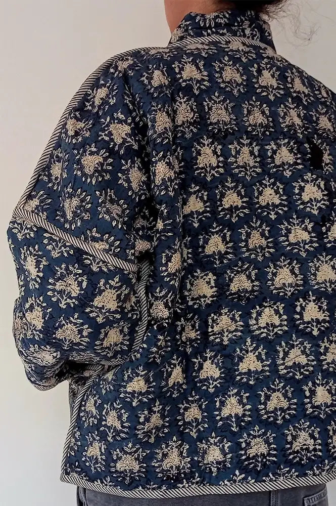 Cotton Conscious Navy Block Print Reversible Kimono Jacket