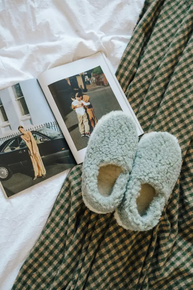 Yoko Wool Light Grey Two Tone Natural Slippers - The Mercantile London