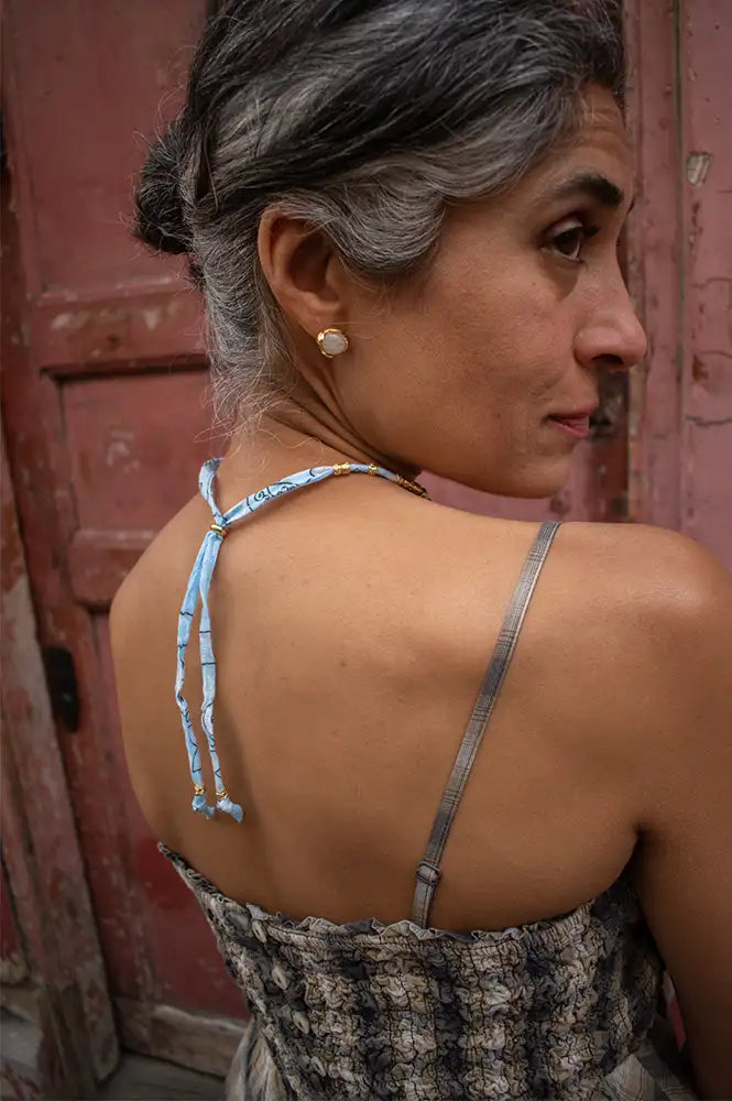 Arifah Studio Aqua Blue Bandana & Bronze Necklace