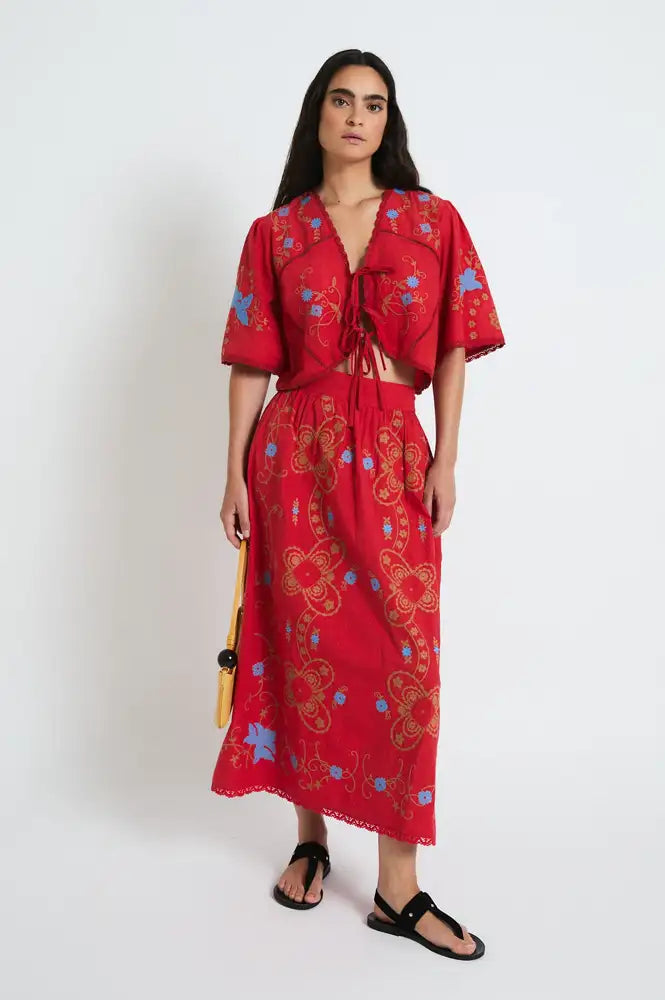 Sophie + Lucie Poppy Red Embroidered Skirt - The Mercantile London