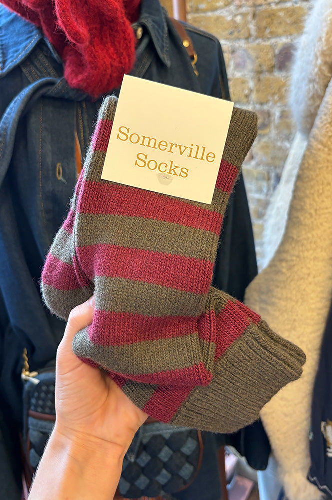 Sommerville Plum & Khaki Cashmere Stripe Socks - The Mercantile London