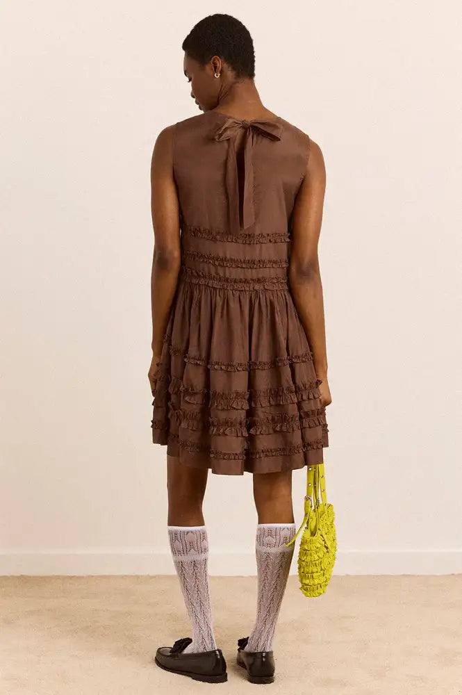 Damson Madder Reed Sheer Chocolate Drop Waist Ruffle Midi Dress