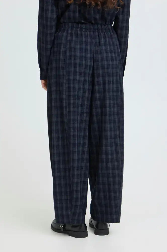 ICHI Trine Total Eclipse Navy Check Trousers - The Mercantile London