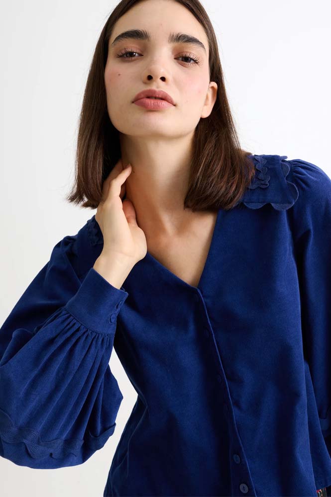 Louche Pallas Navy Babycord Ric Rac Blouse - The Mercantile London