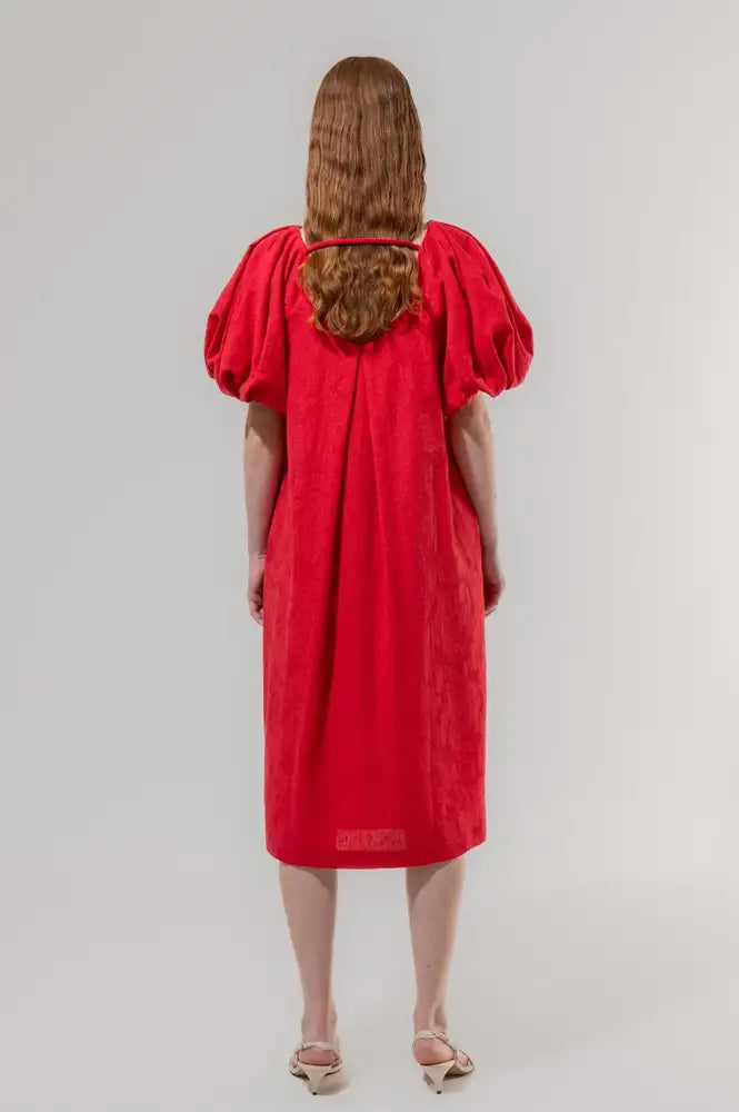 Emin + Paul Red Textured Puff Sleeve Dress - The Mercantile London