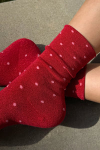 Le Bon Shoppe Lurex Patterned Red & Pink Polka Dot Sneaker Socks